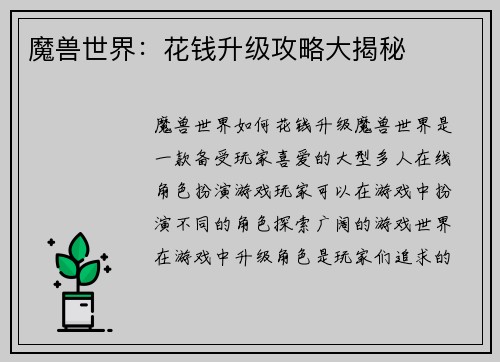 魔兽世界：花钱升级攻略大揭秘
